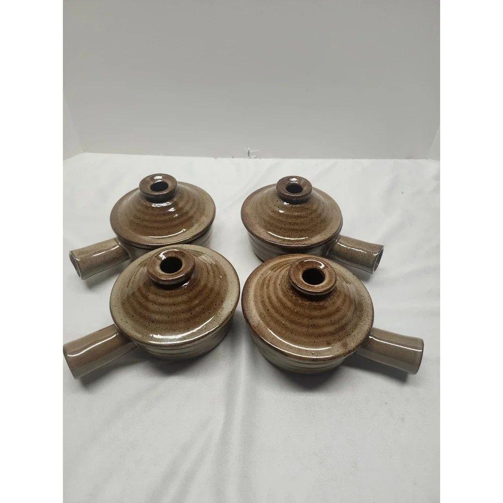 Vintage Brown Speckled Stoneware French Onion Soup Bowls with Lids Set of 4